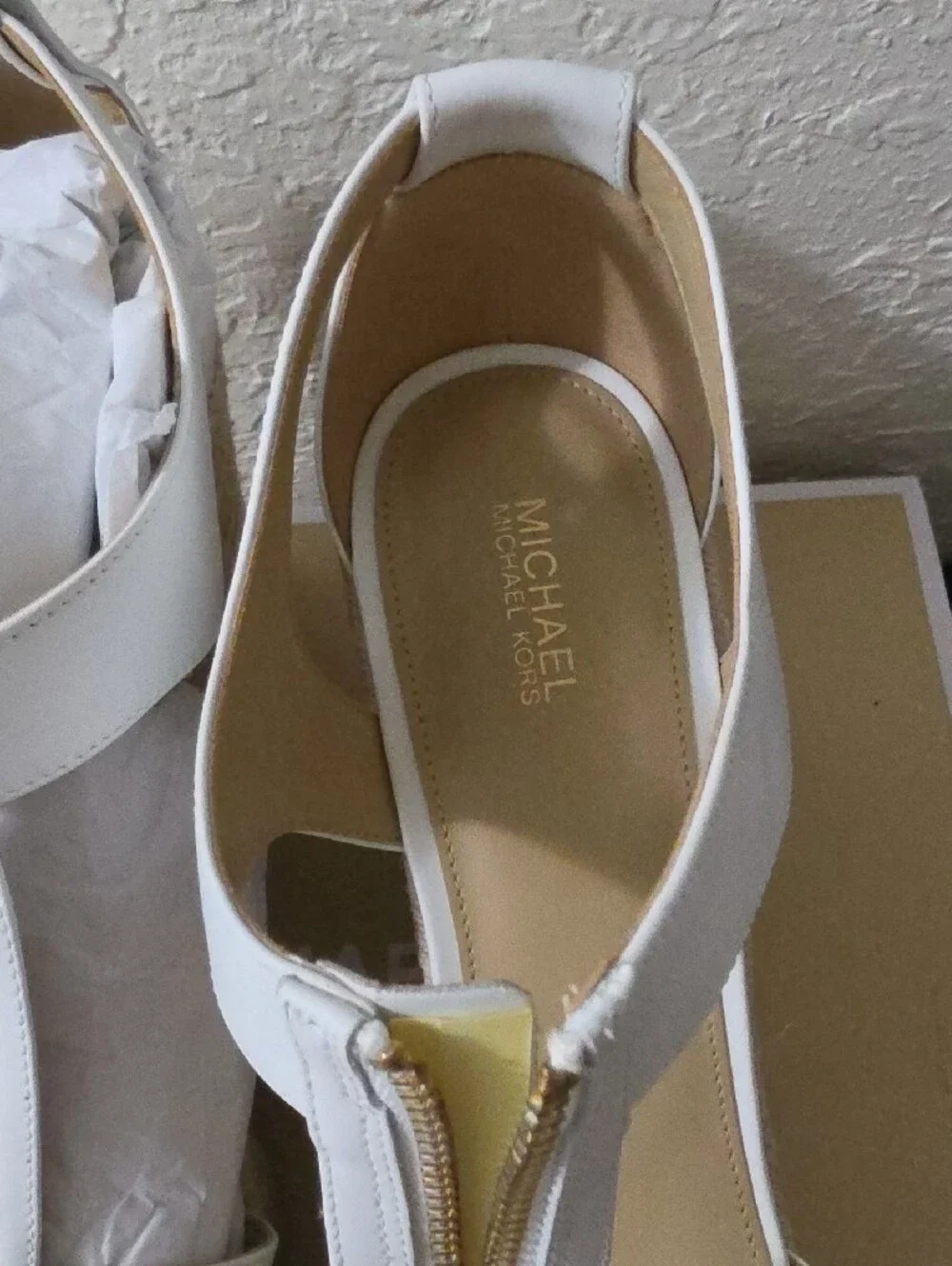 MICHAEL Michael Kors White Leather Espadrille Wedge Sandals with Gold Zipper
